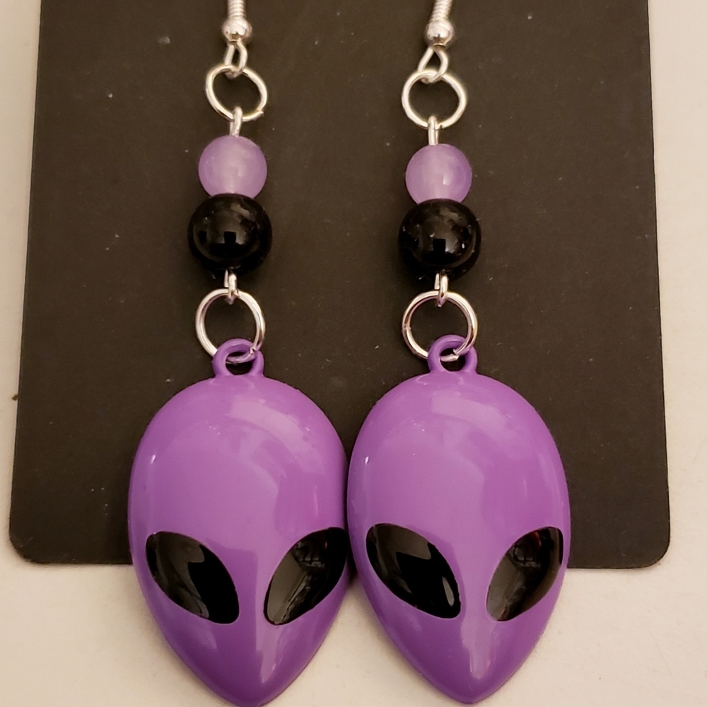 Handmade Beaded Metal Purple Alien Earrings